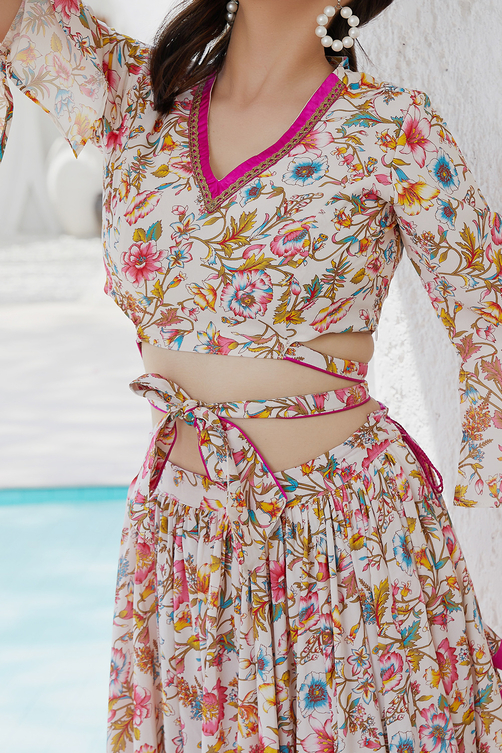 Black Georgette Floral Printed Flared Lehenga Set